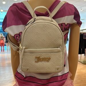 Juicy Couture Cream PU Leather Mini Backpack | Embossed JC Monogram, Gold Logo